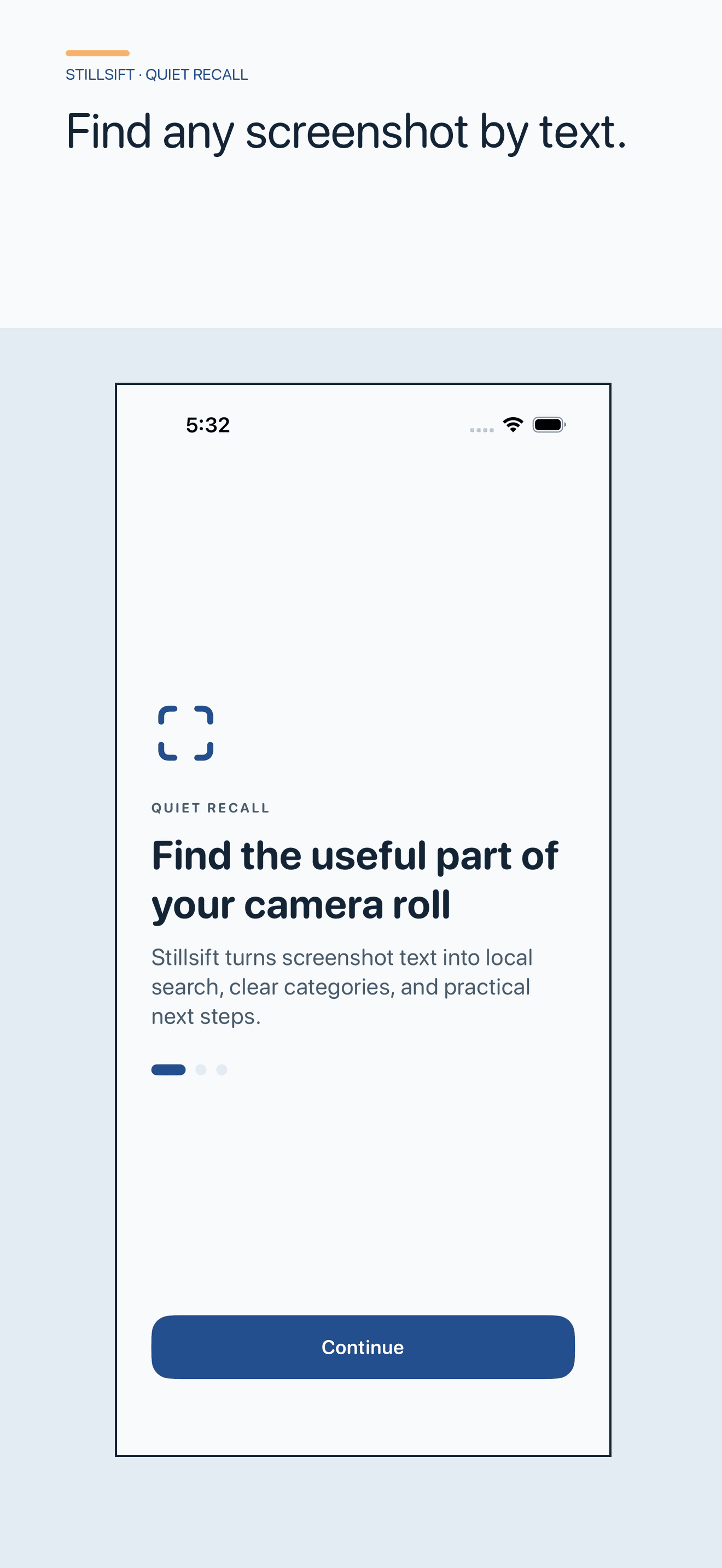 Stillsift welcome screen introducing private screenshot search and useful next steps.