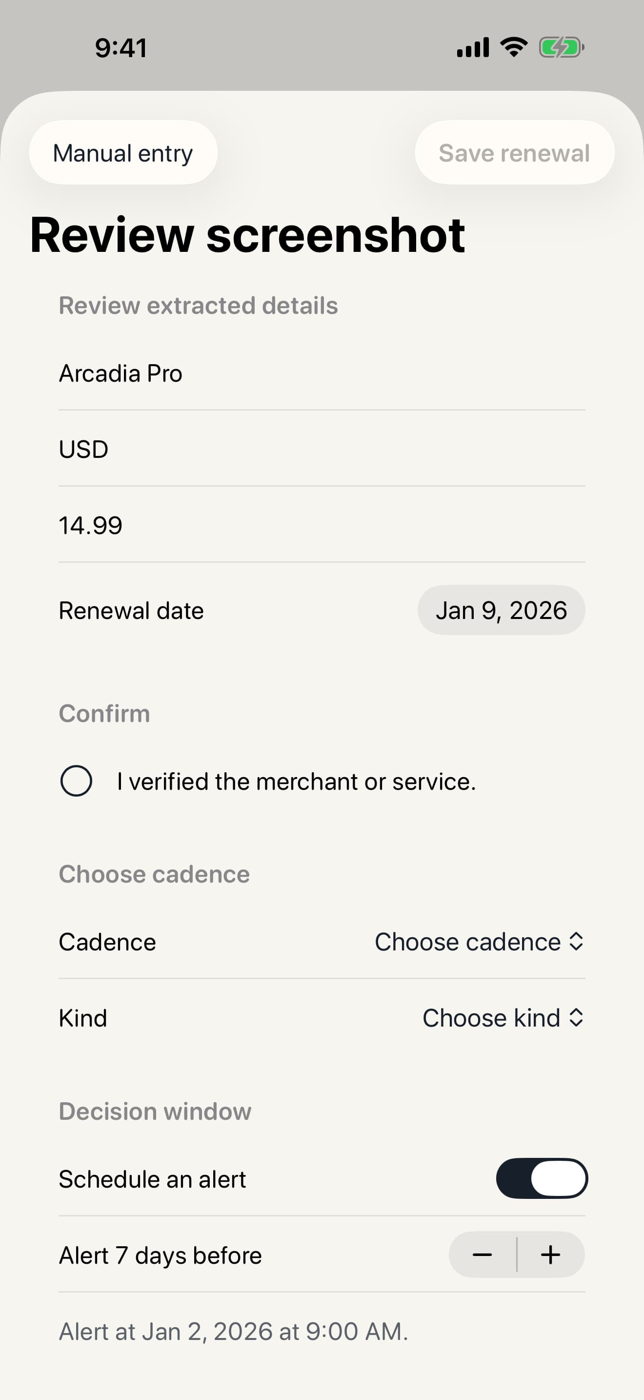 Foremark review screen for confirming a renewal name, date, amount, currency, and cadence before saving.
