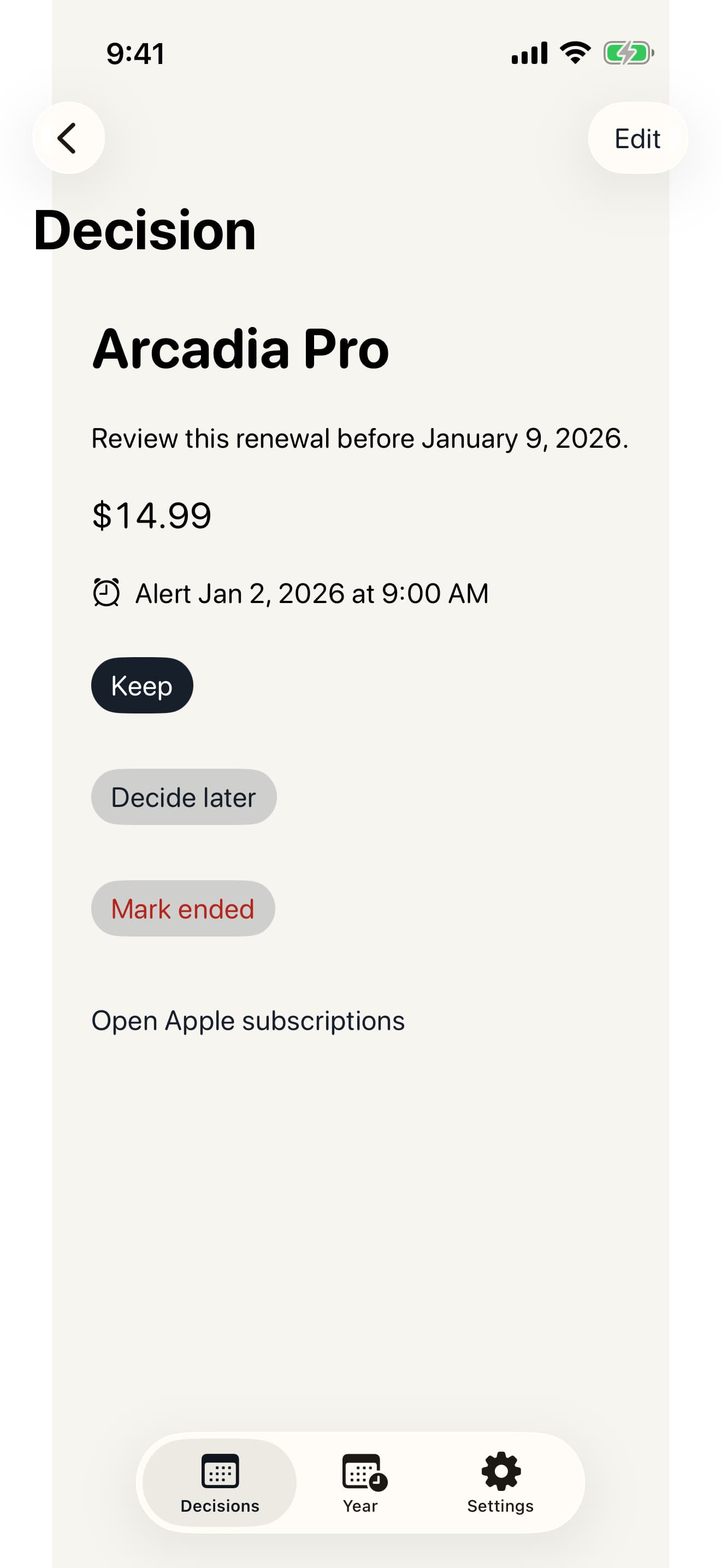 Foremark renewal detail screen with a confirmed alert date and an external manage-subscription action.