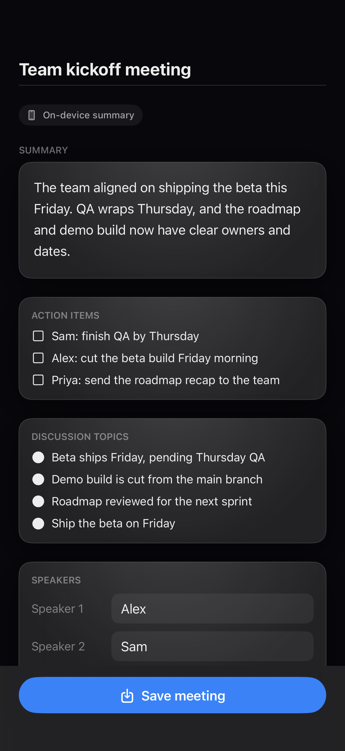FlowForge Meeting Mode review screen: a de-personalized team meeting with an on-device summary, action items, discussion topics, and speaker labels.